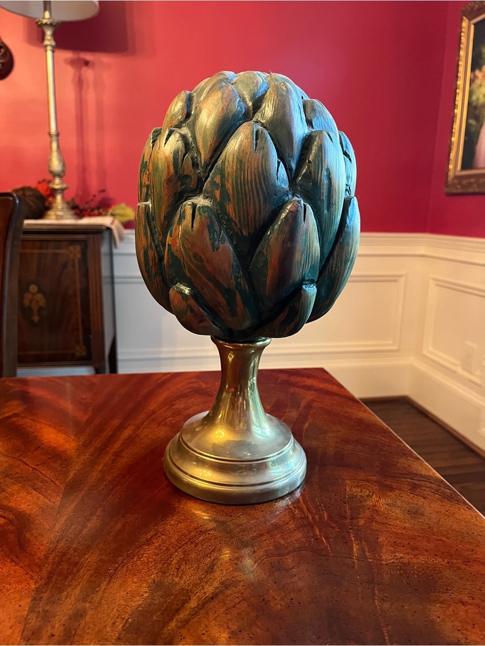Decorative Patina Artichoke Sculpture on Brass Pedestal - Teal Green